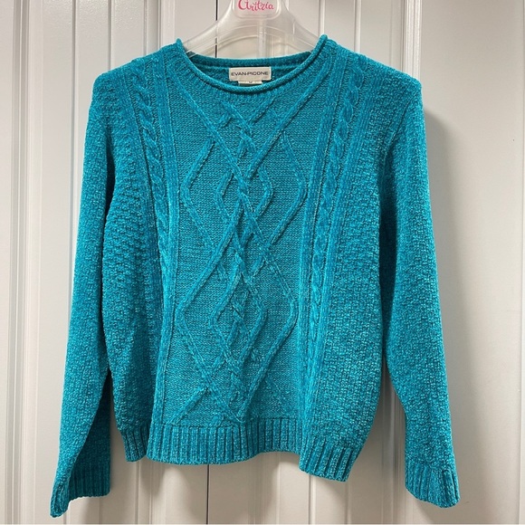 Vintage Evan Picone Chenille Cable Knit Teal Blue Sweater - Picture 4 of 12